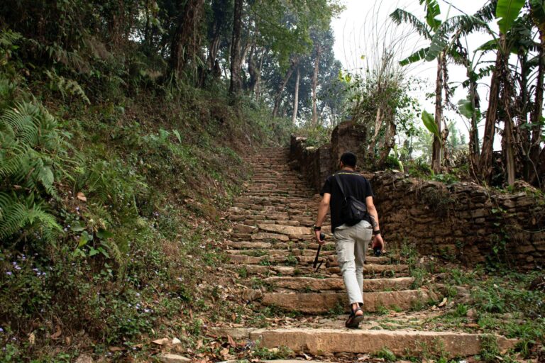 Hiking to Peace Pagoda from Fewa Lake, Pokhara. A very peaceful, clean and green walkthrough path. To reach this place, take a boat from Fewa Lake, cross the lake and you will reach the place. A beautiful place to travel with waterfall on the way.