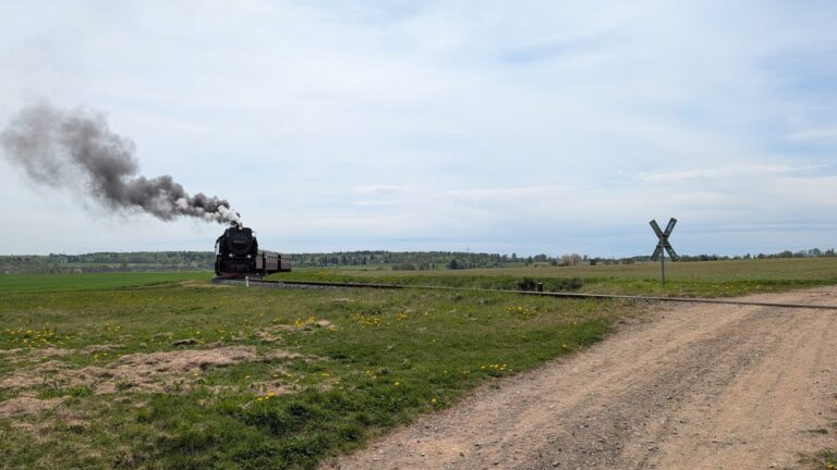 The Brockenbahn steam train travels through a wide green landscape, leaving a trail of dark smoke as it approaches a rural railway crossing.